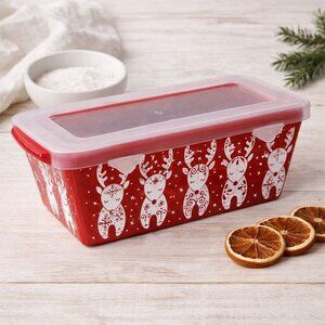 Temptations Christmas Loaf Pan With Lid Ceramic Bakware Red Holiday Reindeer